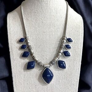 Lucky Brand Reversible Statement Necklace Navy Blue Cabochon Snake Chain 17-19”